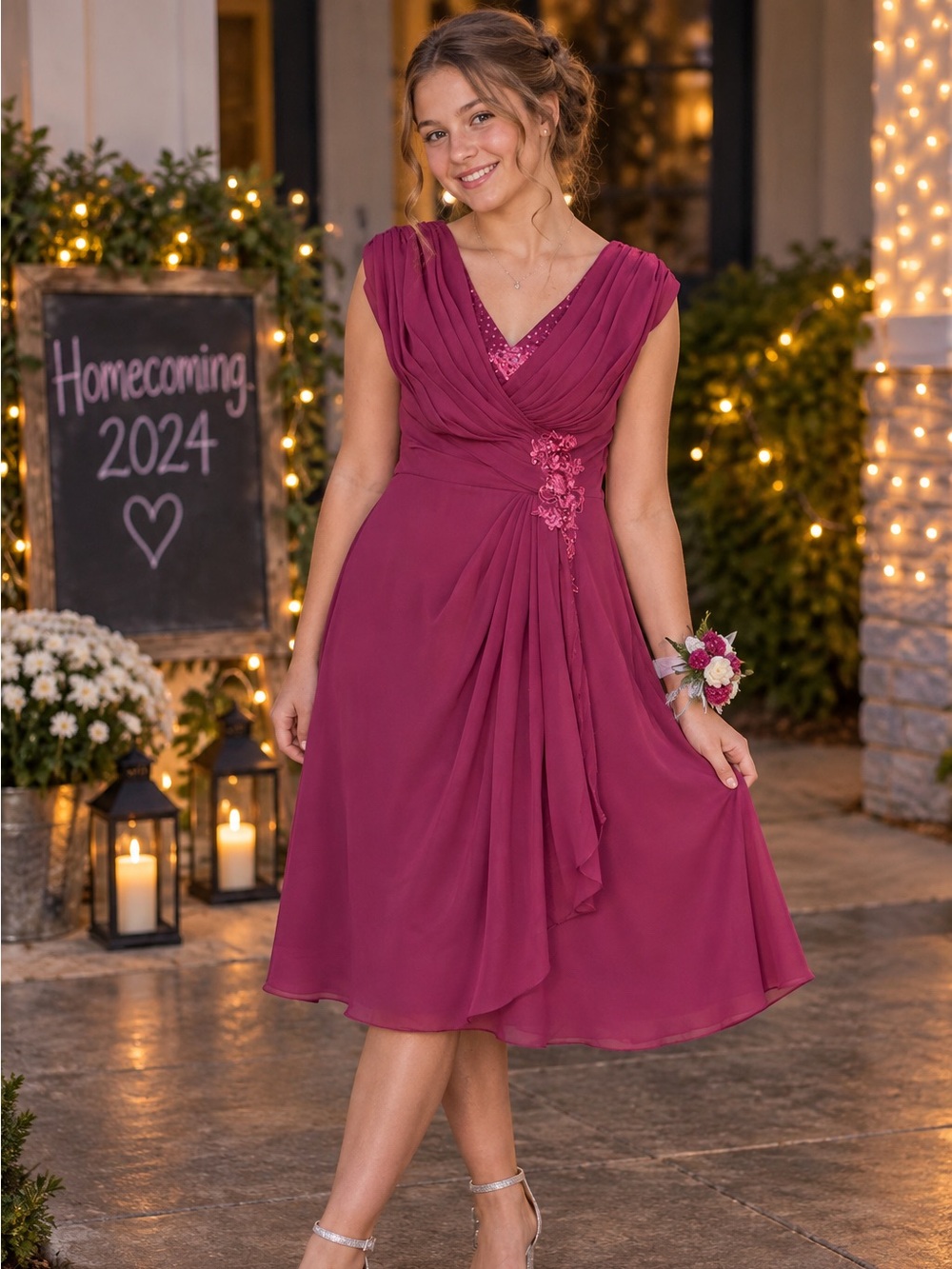 Dresses | Burgundy Chiffon Homecoming Dress Size 8 Ruched Beaded Formal Cocktail Midi